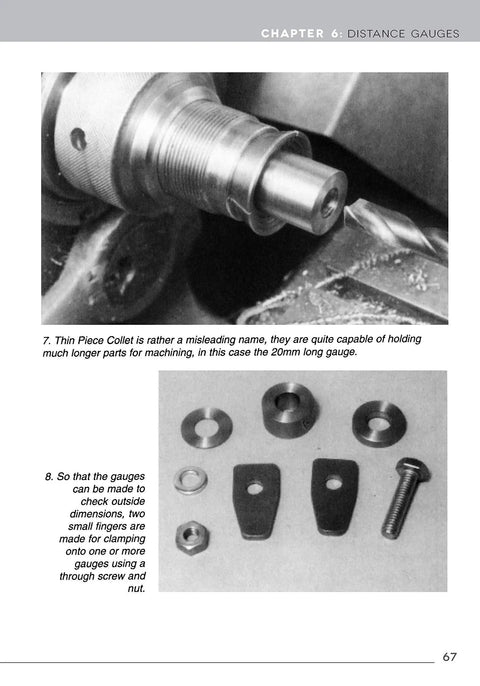 Illustrated parts from the Metal Lathe For Home Machinists DIY Friendly Project Based Course Reference Guide And Complete Introduction For Lathe Metalworking With Accessories Including 12 Skill Building Turning Projects Fox Chapel Publishing, showing a collet and gauge components on a page.