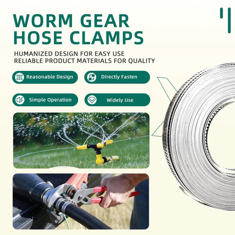 36 Ft Hose Clamp Kit With 304 Stainless Steel Large Band Clamps and 16 Heavy Duty Fasteners in use for irrigation and automotive.