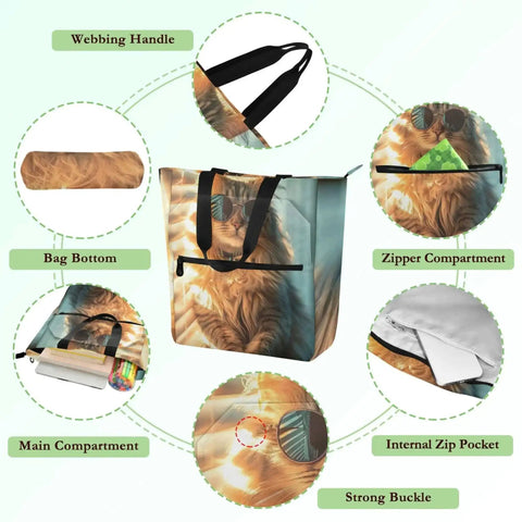 Dope Cat Sunglasses Print Tote Bag For Women And Kids Zipper Shoulder Bag Perfect For School Work Or Everyday Use Spacious Main Compartment Water Resistant Made From 100 Percent Polyester