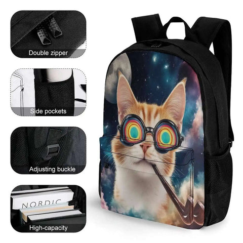 Unisex Laptop Backpack With Big Storage For Work And College Dope Galaxy Space Cat Sunglasses Theme Easy To Organize