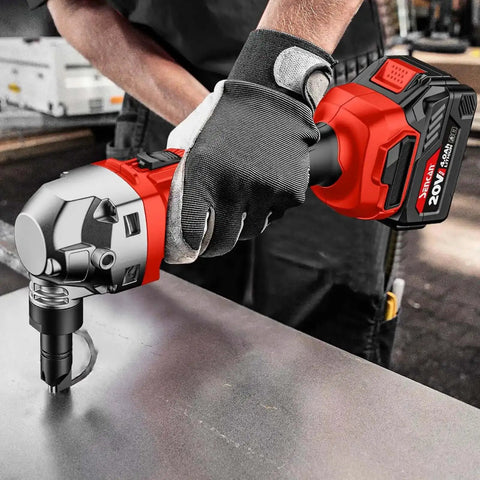 Cordless Beast Metal Nibbler 16 Gauge Cutter with 1900 RPM Brushless Motor cutting sheet metal, includes 4.0Ah battery and accessories