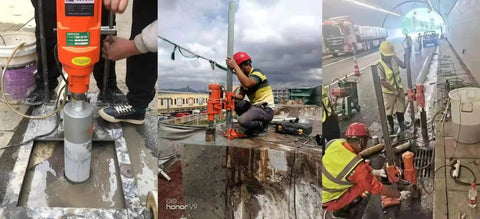 Wet Diamond Core Drill Bits For Masonry And Concrete With Crown Shaped Segments Ten Inch Diameter Fifteen And A Half Inch Drilling Depth One And A Quarter Inch 7 UNC Arbor Built Tough For Brick Block And Stone TUHUT in use on construction site