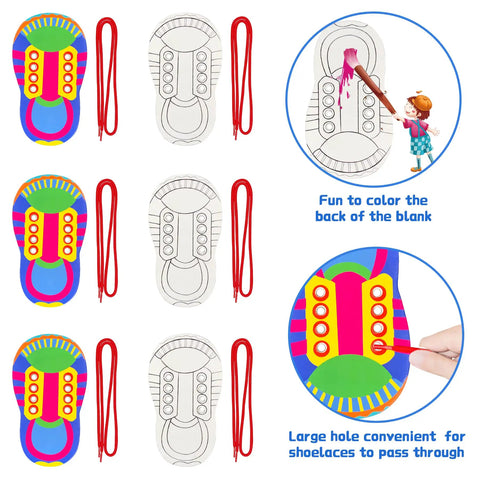 12 Pack Shoelace Threading Practice Boards Set For Fine Motor Skills And Hand Eye Coordination, Durable Cardboard Lace Training Tool For Kids with colorful and blank designs.