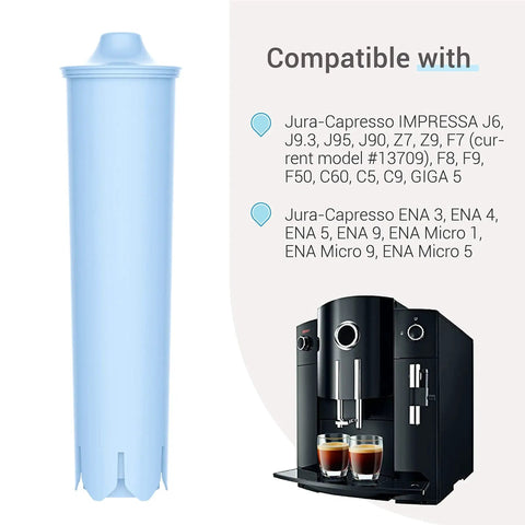 EcoAqua replacement coffee filter cartridge, blue cylinder, front view, for Jura/Capresso Clearyl machines, pack of 6