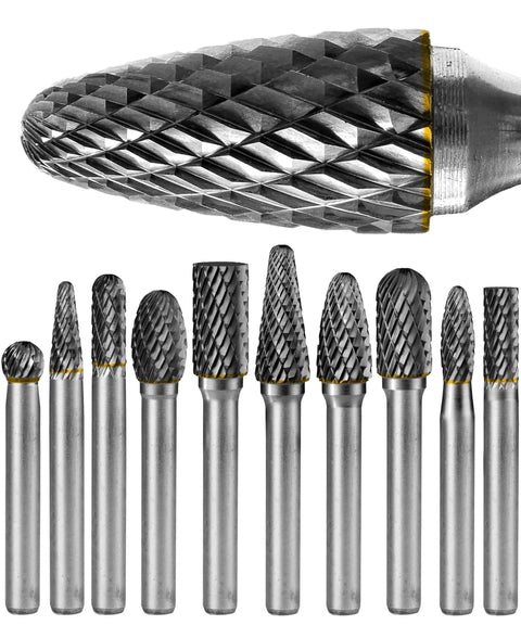 10 Piece Carbide Burr Set With One Quarter Inch Shank And Clear Storage Box 8mm Head Diameter Die Grinder Bits Kit