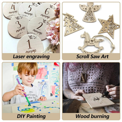 Collage showing uses of 12 Pack Basswood Sheets 3mm Thick 12x12 Inch for laser engraving, scroll saw art, DIY painting, wood burning.