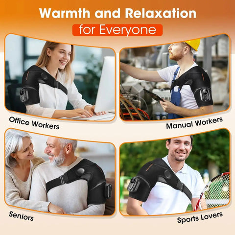 People wearing Cordless Shoulder Heating Pad With Massage And Remote Control for real relief from rotator cuff pain, tendonitis, sprains.