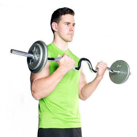Man lifting 1 Inch Threaded Curl Bar With Collars For Standard Plates, Solid Steel Chrome Finish, Dual Grip Positions