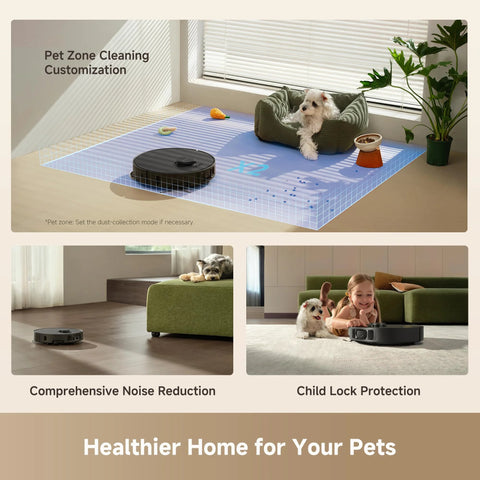 Robot vacuum and mop, black, cleaning on a blue pet-zone mat in a living room.