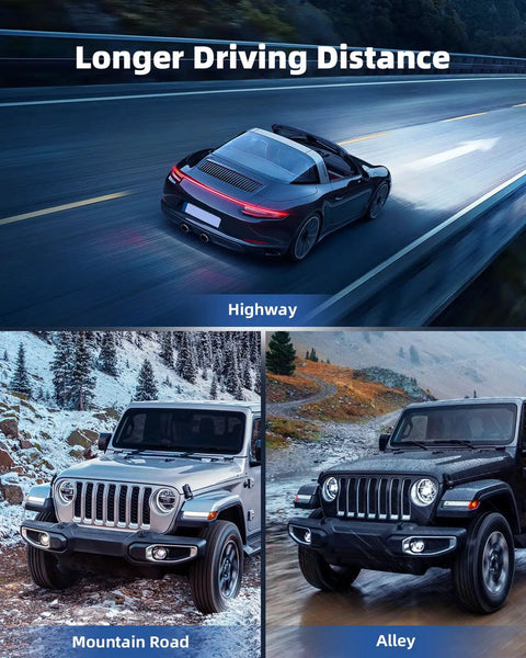 Collage of cars on highway, mountain road, and alley highlighting driving versatility and longer distances.