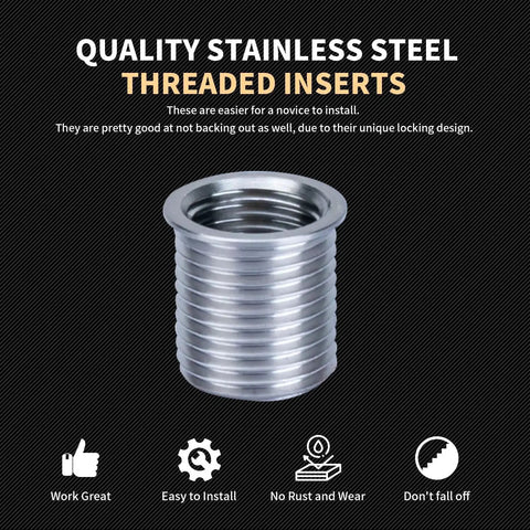 Close-up of a stainless steel threaded insert from M14X1.5 Thread Repair Kit With Stainless Steel Inserts Ten Pieces Includes Drill Tap Counterbore Install Driver And Guides In An EVA Box For Durable Pro Grade Metal Thread Restoration