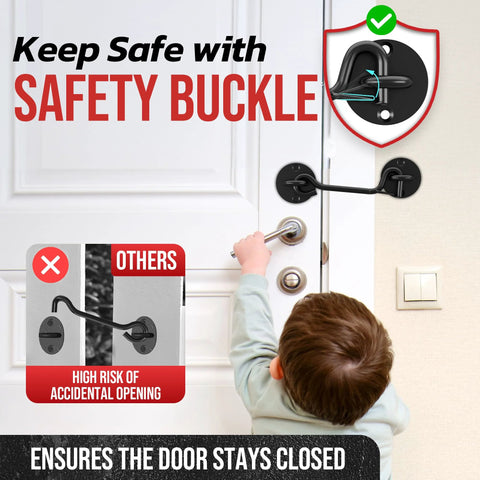 Heavy Duty 6 Inch Cabin Hook And Eye Latch With Safety Buckle, black latch on door with child reaching for handle
