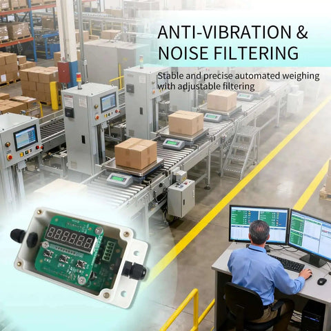 Industrial Load Cell Amplifier Transmitter With Unit Switching For Scales And Automation Converts Microvolt Signals To Four To Twenty Milliamps Or Zero To Ten Volt Output Auto Calibration Five Volt Excitation And One To Ninety Nine Digital Filtering Easy installed on automated conveyor system.