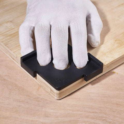 Radius Jig Router Templates 4 Pack With 8 Radius Sizes For Woodworking used on wood corner, showing pro grade ABS construction.