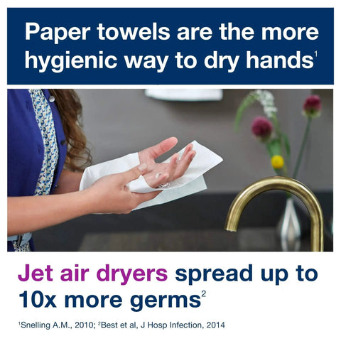Person using 100 Percent Recycled Multifold Towels Compatible With H2 Dispensers 16 Packs in a restroom setting.