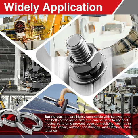 M8 Stainless Steel Split Lock Washers Set, 40 Pcs, installed on bolt in industrial setting, vibration control use shown