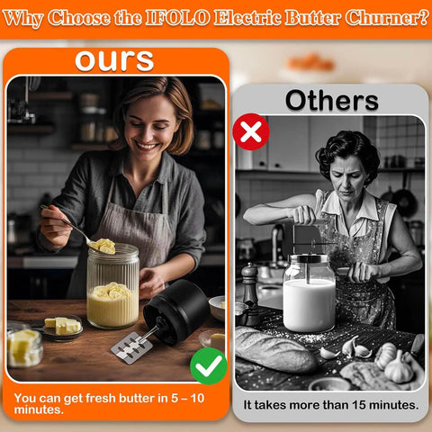 Comparison of IFolo Electric Butter Churn and traditional churner. Woman using Electric Butter Churn One Touch Butter Maker In Five To Ten Minutes With A 34 Ounce Glass Jar High Speed Brushless Motor For Creamy Homemade Butter No Fuss Quick And Easy Kitchen Gadget For Busy Mornings And Baking.