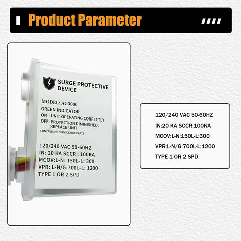 Side view of 120 240 VAC Universal HVAC Surge Protector With TPMOV Tech showing product parameters and specifications