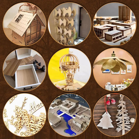Collage of DIY ornaments, miniature models, and wood projects made from 36 Pack Basswood Sheets 12x12x1/8 Inch 3mm.