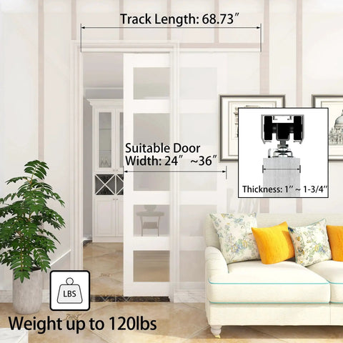 Commercial Grade 6Ft Pocket Door Hardware And Track Set With Soft Close Mechanism for 24-36 inch doors installed in a room