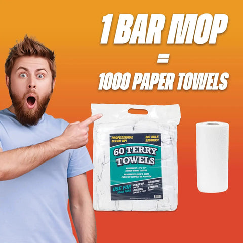 Man pointing at 60 terry towels pack with paper towel roll comparison, emphasizing equivalence to 1000 paper towels.