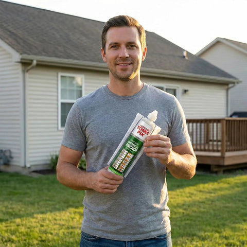 Man holding Fast Curing Construction Adhesive For Concrete, Brick, Stone And Granite With Extra Nozzle Included outdoors.