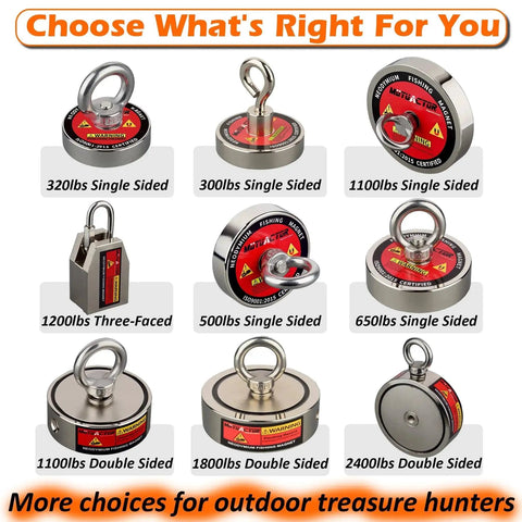 Various neodymium fishing magnets with different pull strengths shown, including a Heavy Duty N52 Neodymium Magnet Fishing Kit.
