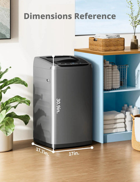 Compact Portable Washer 0.9 Cu Ft With LED Display And 5 Wash Cycles shown in a room next to a shelf, displaying its dimensions.