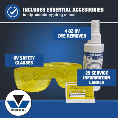 All In One UV Leak Detection Kit For Cars And AC Systems With 12V 50W High Intensity UV Light Universal Dyes Safety Glasses R134a And R12 Compatibility Detects Refrigerant Coolant Oil ATF And Fuel Leaks Fast with UV safety glasses, dye remover bottle, and information labels displayed.