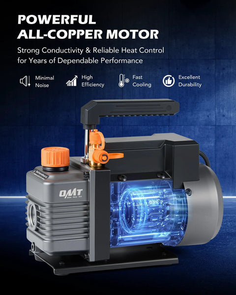 Orion Motor Tech AC vacuum pump and gauge kit; gray unit with orange fittings and blue motor housing.
