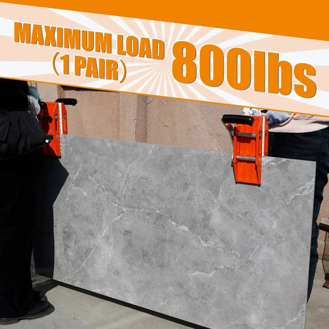 White Rubber Lined Granite Carrying Clamps Double Handed Lifter Marble Slabs holding a large grey slab between two users