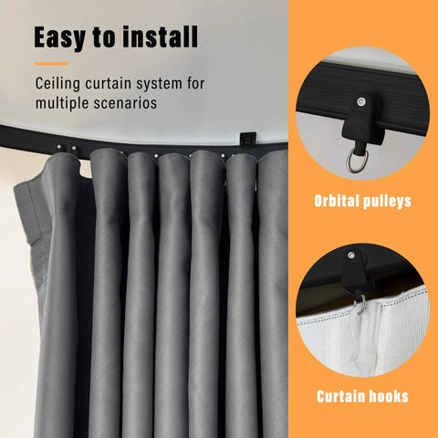 100 Percent Blackout Room Divider Curtains With Ceiling Track Set close-up showing hooks and orbital pulleys.