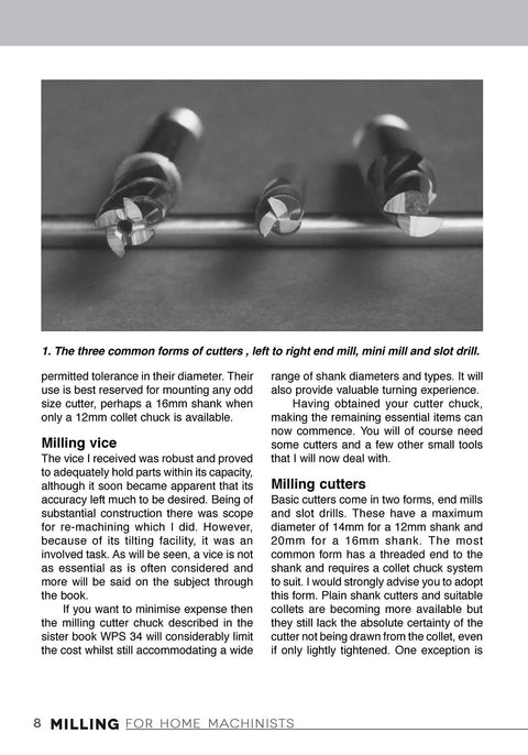 Three common forms of cutters in 'Milling For Home Machinists A Project Based Course That Builds Your Milling Skills With 8 Hands On Projects For Clamps Parallels An Angle Plate A Dividing Head A Milling Cutter Sharpener And More', showing end mill, mill drill, and slot drill side by side.