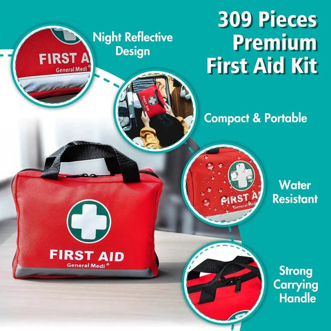 Bright Reflective 309 Piece First Aid Kit With Bandages Moleskin Pad And Emergency Blanket In A High Visibility Bag