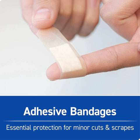 Applying adhesive bandage from 110 Piece First Aid Kit With Physician Recommended Supplies For Travel Work School Home Car Emergency