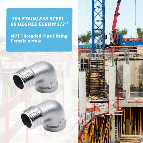 Two 304 stainless steel 90-degree elbows, 1/2 in NPT threaded female-to-male pipe fittings.