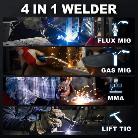 4 In 1 Welder For MIG TIG MMA And Flux Core Welding With Dual Voltage 110V And 220V Portable Synergy IGBT Inverter Gas Or Gasless Operation Includes Welding Helmet And Gloves For Home Shop Projects in operation modes including Flux MIG, Gas MIG, MMA, and Lift TIG shown in action.