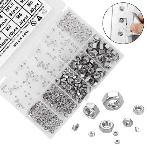 Massive 380Pcs Hex Nuts Set for DIY Projects, assorted M1 to M6 sizes in organizer box, stainless steel 18-8, easy grip hardware.