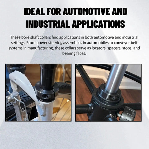Four Pack Black Five Eighth Inch Bore Double Split Clamp On Shaft Collars Screw Set For Automotive And Industrial Use Durable Carbon Steel Construction With One And Five Sixteenths Inch Outer Diameter And Seven Sixteenths Inch Width installed on shafts