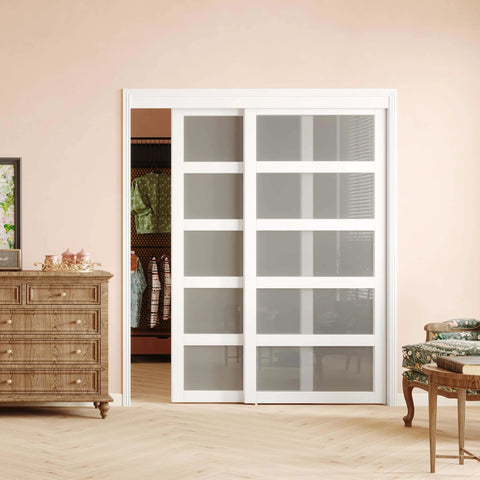 72 Inch Sliding Closet Door Kit With 5 Lite Frosted Glass Panels In White MDF Includes Hardware Track And Floor Guide Pre Drilled For Easy Assembly Space Saving Double Sliding Doors For Modern Bedroom Closet
