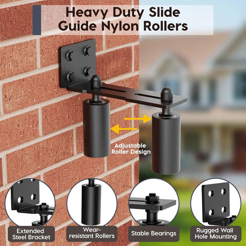 Heavy Duty Slide Gate Roller Guide with L Rear Post Steel Bracket sliding gate hardware in black on brick wall