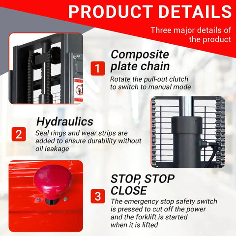 Full Electric Pallet Stacker features infographic: composite plate chain, hydraulic system, and emergency stop button.