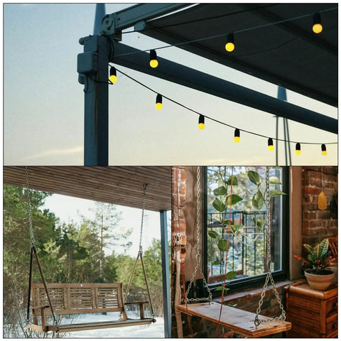 Outdoor patio with string lights, a wooden swing on a porch, and a hanging indoor plant shelf.