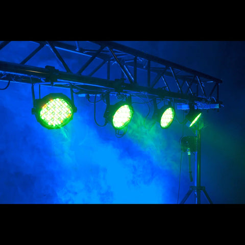 Stage lighting rig with green LED PAR lights mounted on a metal truss.