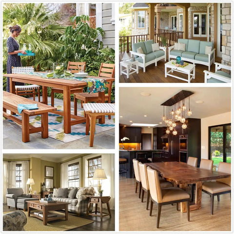 Collage of various furniture setups with tables, chairs, and benches in indoor and outdoor settings.