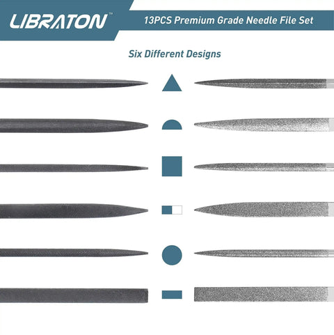 Small Diamond Needle File Set 13Pcs For Metal Wood Carving With Brush And Case showing six different file designs.
