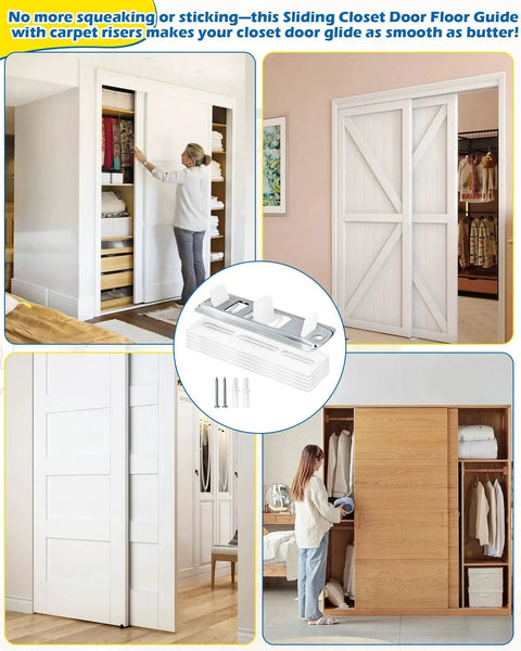 Image showing Adjustable Sliding Closet Door Floor Guides With Carpet Risers, 2 Pack, installed on various closet doors.