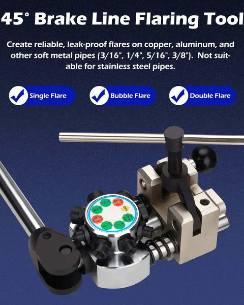 Brake Line Flaring Tool Kit 45 Degree Bubble And Double Flare Set for 3/16 to 3/8 inch tubes, leak-proof flares for copper and aluminum