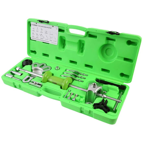Open green case containing Slide Hammer Puller Set With Dent Puller CV Axle And Bearing Removal Tool Kit Heavy Duty Automotive Hub Gear And Three Jaw Puller Attachments For Dent Repair And Bearing Replacement Workhorse Steel Build For Auto Body Work components organized inside.