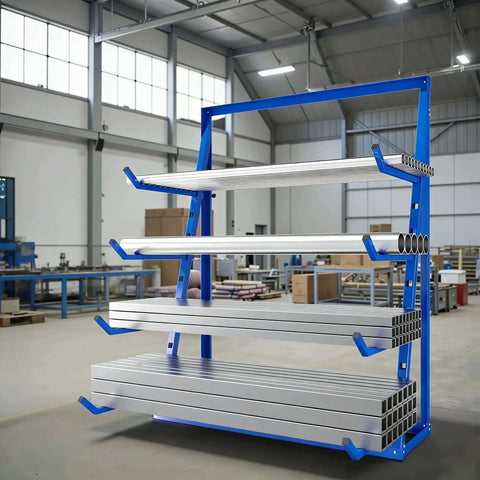 Beefy Industrial Cantilever Rack System For Heavy Duty Storage And Lumber Organization Freestanding Alloy Steel Pipe Rack With Upward Safety Hooks Garage Shed Workshop Storage 4000 LBS Capacity in a warehouse with aluminum pipes.